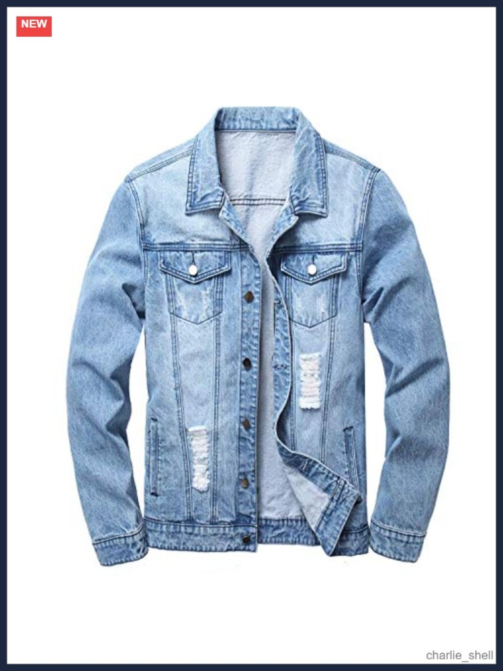 Mens Denim Jacket Ripped Slim Fit Trucker Jean Coat Button Front
